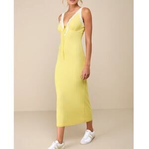 Lulus NWOT Ray Of Charm Yellow Mesh Knit Lace Sleeveless Empire Midi Dress XS